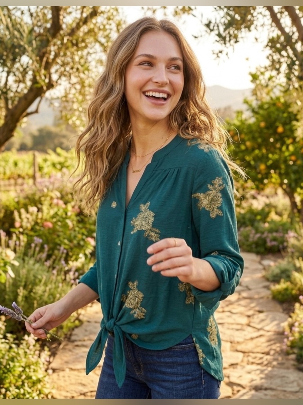 Anthropologie Figueroa & Flower Teal Green Tunic Button Down Shirt M Sequin